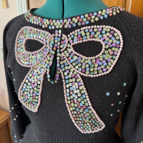 Loveshackfancy Doodle Sweater Black with Pastel Sequin Bow Small - Picture 3 of 6